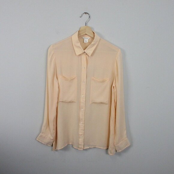 Club Monaco Button Front Blouse Women M Peach Long Sleeve Pockets Casual 112 - Picture 1 of 10